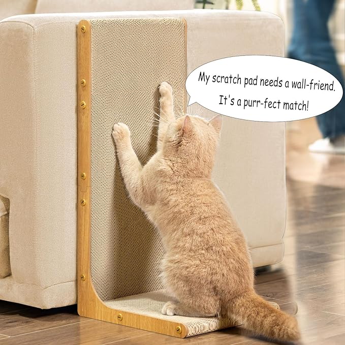 Cat Scratcher Lounge, 23 Inch L-Shaped Cat Scratch Pad, Vertical & Horizontal Scratching 1.2" Thick Cardboard Board, Durable, Eco-Friendly, Wood Grain