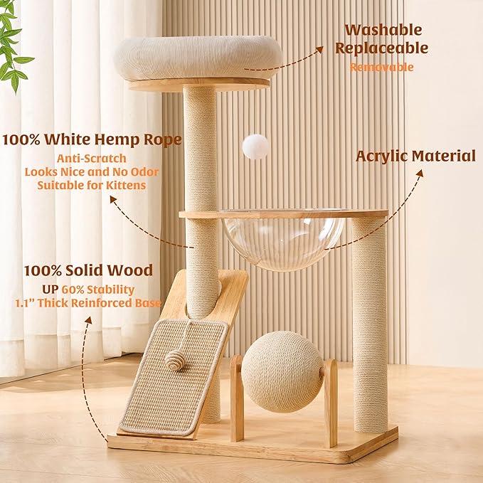 HITTITE Solid Wood Cat Tree Tower with Scratching Post, 37.8 Inches Tall Cat Towers with Scratching Board and Scratcher Ball, Modern Cat Tower With Space Capsule and Removable Top Bed for Indoor Cats.