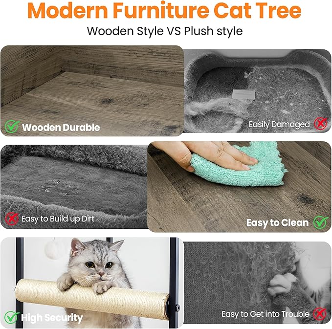 Wood Modern Cat Tree Tower for Indoor Large Cats,48-Inch Tall Wooden Cat Trees with Big Perch Bed, Multi-Level Condo with Scratching Board and Posts, Removable Pads, Cat Furniture, Greige