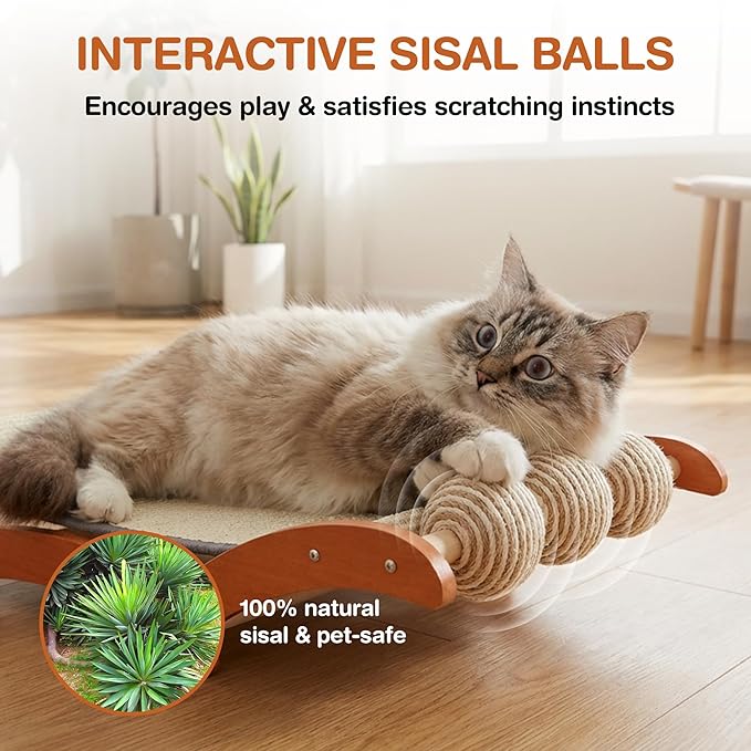 3-in-1 Extra-Large Cat Scratcher Bed with 3 Interactive Sisal Balls, Solid Wood Scratching Post Lounge with Toy, Sturdy Hammock for Large Cats to Sleep, Scratch & Play