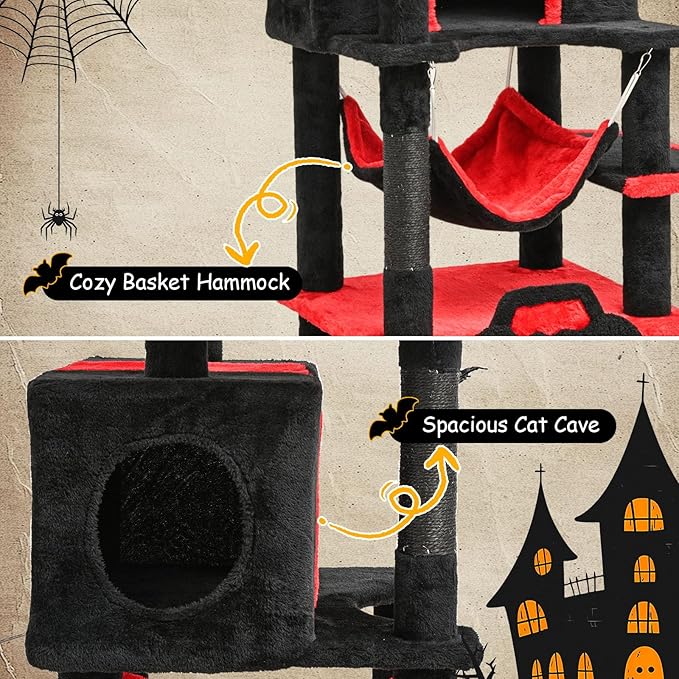 BYBYME Gothic Cat Tree for Halloween, 62in Tall Sturdy Furniture Set with Bed House, Hanging Toy, Scratching Board Sisal-Covered Posts, Multifunctional Cat Play Tower with Hammock（Black Red）