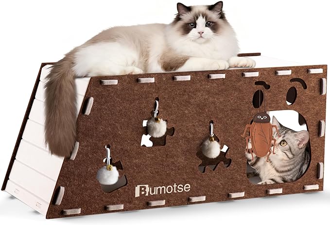 Interactive Felt Cat Tunnel for Indoor Cats with Catnip Toy, Modular Cat Cave House for Scratching, Play, Hiding & Sleeping, Durable Washable Cat Condo for Large Cats Up to 22LB, Coffee