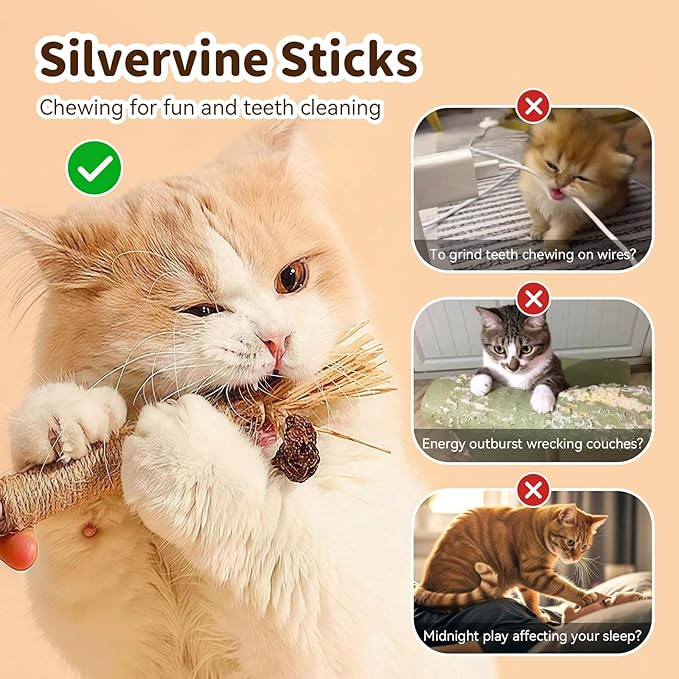 Cat Toys for Indoor Cats, 3 Pcs Silvervine Sticks & 1 Pc Cat Chew Rope for Teeth Cleaning, Interactive Dental Sticks with Catnip for Cat Enrichment, Kitten Chew Toys Teething for All Breeds Orange