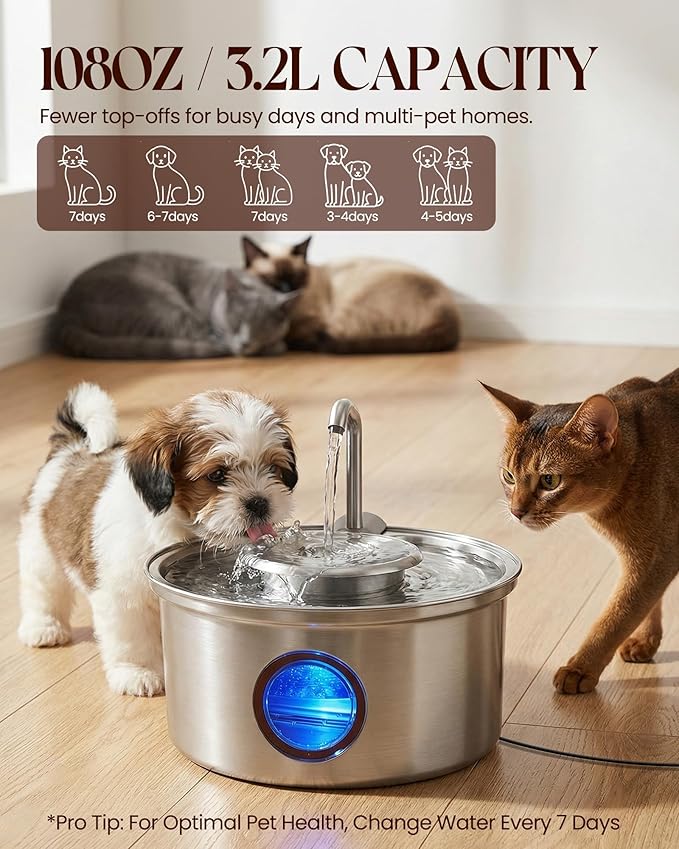 Cat Water Fountain,108oz/3.2L Stainless Steel Cat Fountain and Removable Water Bowl,Pet Fountain with Water Level Window,Quiet Pump,Multi-Filter, Water Tap, Provides Flowing,for Dog Cats