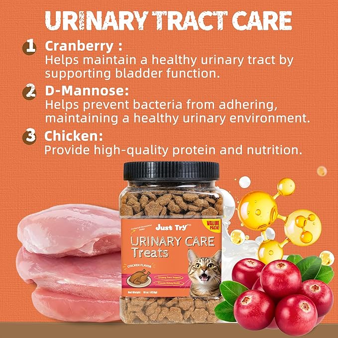 Just Try 16 OZ Cat Treats Urinary Tract Bites - Cranberry & D Mannose Formula for Bladder Health - Chicken Flavored Prevent UTI & Promote Urinary Comfort