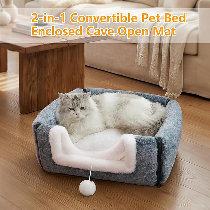 Cat Bed for Indoor Cats,2-in-1 Convertible Cat Bed & Cave,Foldable Washable Cat House,Soft and Thick Removable Inner pad, Anti-Slip Bottom,cat Tent for Kittens,Cats & Small Dogs,Dark Grey
