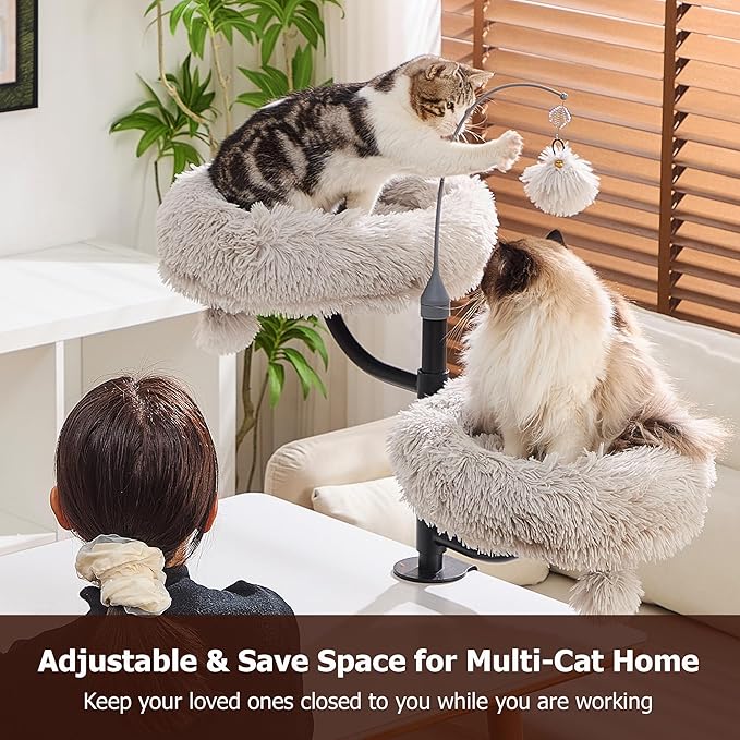 Catry Cat Desk Mount Double Perches for Indoor Cats, Pet Beds for Desk, Level Adjustable 3 Position Rotation, Space Save Desk Beds for Multi-Cat Home, Light Grey
