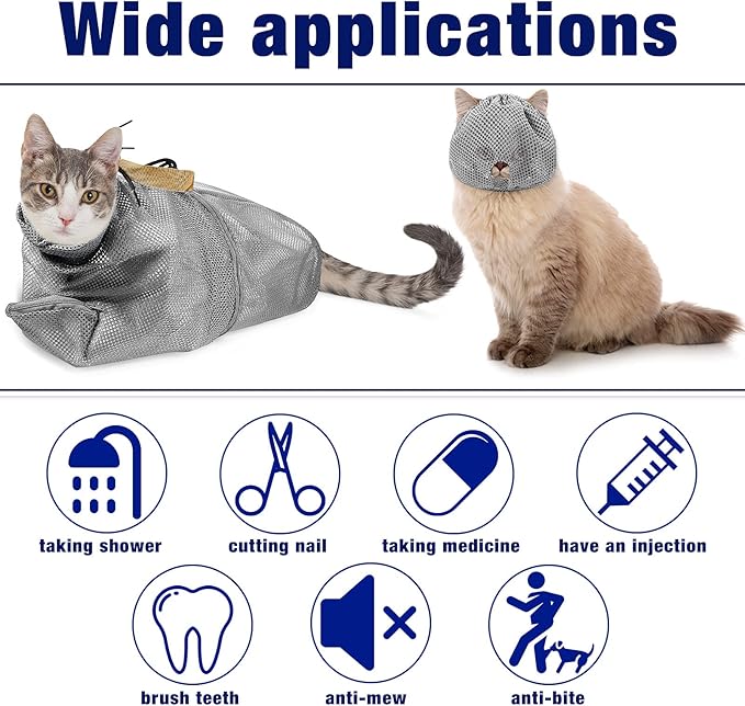 2 Pieces Cat Grooming Washer Mesh Bag Cat Muzzles Breathable Mesh Muzzles Adjustable Kitten Scratch Resistant Kitty Restraint Clothes Kitty Bath Bag for Bathing Nail Trimming Feeding(Gray)