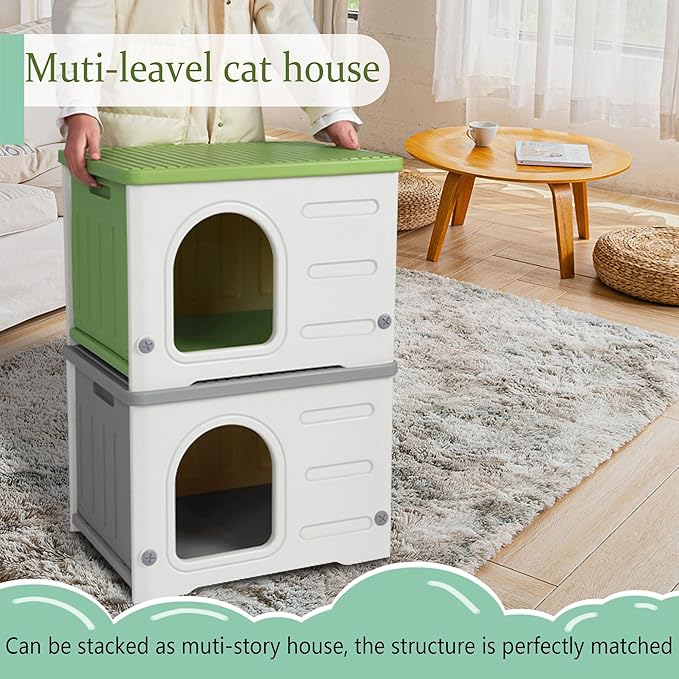 Plastic Cat House Outdoor & Indoor, Feral Cat Houses Waterproof Outdoor Cat House for Feral Cats, Outside Cat Shelter for Small Pet, Assemble and Clean Easily-Green