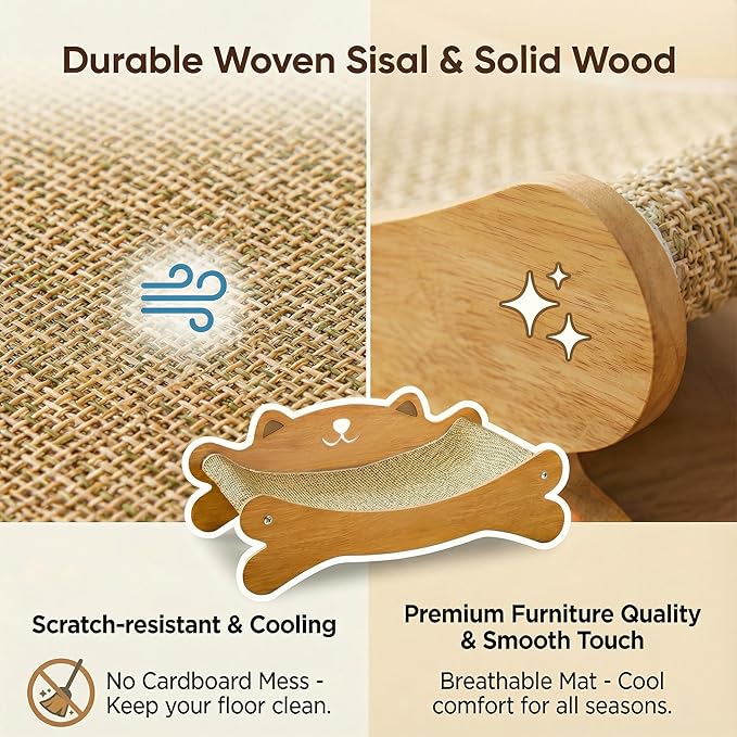 Cat Scratcher Bed for Indoor Cats - Summer Cool Hammock, 23.2″ Large Scratching Lounge with 40 lbs Weight Capacity, Wooden Modern Cat Scratching Post & Pad Furniture