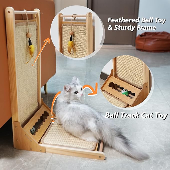 Cat Scratcher, 23.6in Sisal Scratching Pad, L Shape Scratch Pad Wall Mounted with Ball Toy for Indoor Cats, Durable Natural Sisal Cat Scratch Furniture Protector