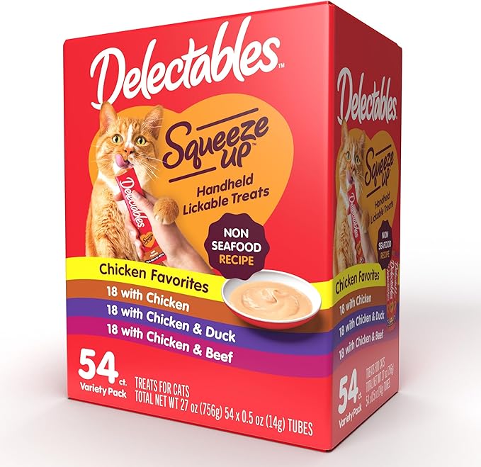 GYCO Delectables Squeeze up Non-Seafood Variety Pack Lickable Wet Cat Treats, 0.5oz Tube (54 Count). Made Without Any Fish Or Other Seafood Ingredients.