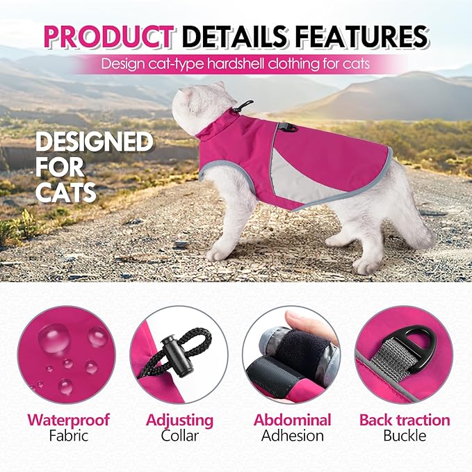ETIAL Reflective Cat Winter Jacket, Adjustable Cold Weather Cat Clothes Outfit Apparel with Traction Buckle, Windproof Waterproof Warm Cat Vest for Walking Hiking (Pink,L)