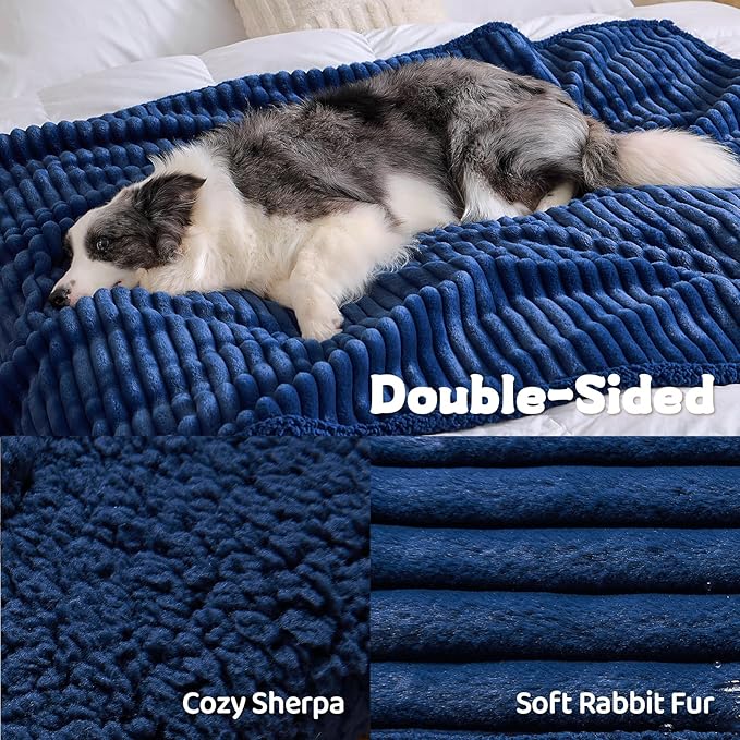 Qeils Waterproof Calming Dog Blanket for Large Dogs, Noiseless Soft Plush Pet Blanket for Bed, 500GSM Thick Faux Fur Pet Throw, Cozy Couch Furniture Protection Washable, Night Blue, 50x60IN