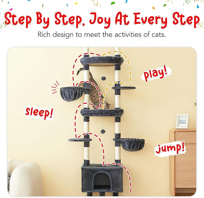 Cat Tree, Floor to Ceiling Cat Tower Adjustable Height [92.9-102.4in=235-258cm], 7 Tiers Cat Climbing Play House with Scratching Post, Cozy Condo&Hammocks for Indoor Cats, Smoky Grey