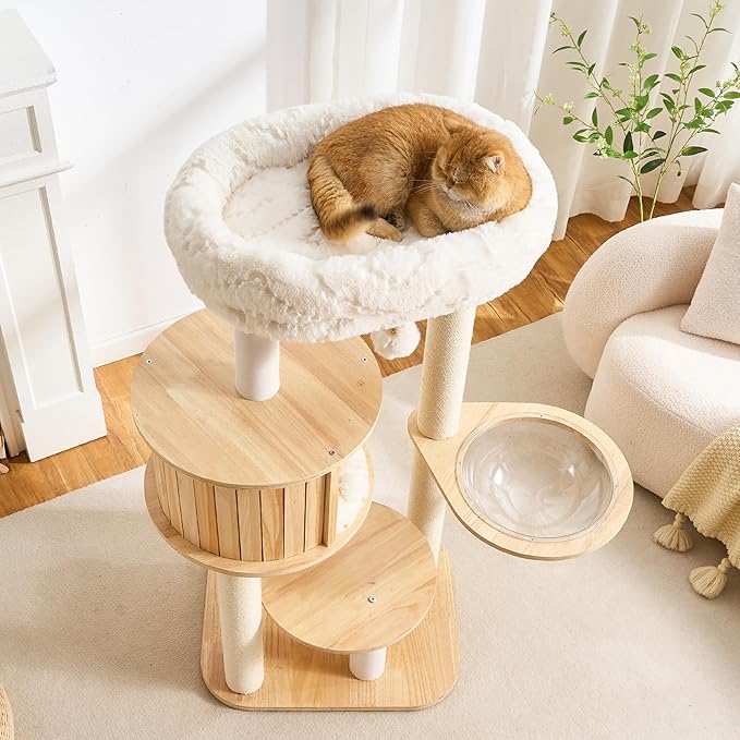 797Audio Wood Modern Cat Tree, 48" Cat Tower with Sisal Scratching Posts, Cat Condo, Capsule and Bed, Solid Wooden Aesthetic Multi-Level Cat Climbing Tree for Large Adult Indoor Maine Coon Cats-White