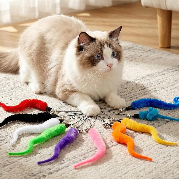 10 Pack Fuzzy Worm Cat Toy, Cat Worm Toy with Bell, Interactive Cats Wand Attachment Toys for Teaser Play and Chase Exercise with Kitten