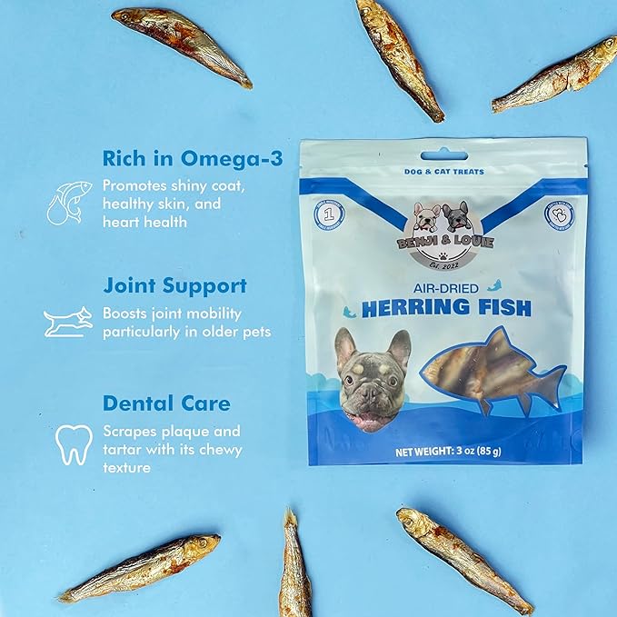 Benji & Louie Air Dried Herring Fish for Dogs and Cats - Natural Healthy Dog and Cat Treats, Single Ingredient, 3 oz