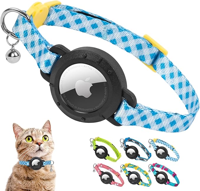 azuza AirTag Cat Collar Breakaway, Integrated Cat Collar with Air Tag Holder Safety Lightweight GPS Tracker Holder for Cats, Blue Plaid, Cats (9"-13")