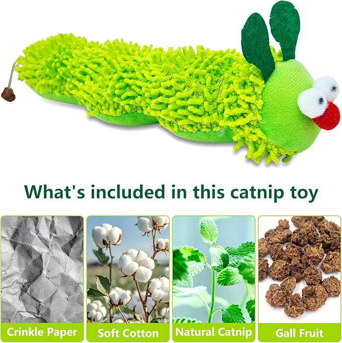 Cat Catnip Toy for Indoor Cats,3 Pack Interactive Plush Caterpillar Kicker Toy with Gall Fruit & Crinkle Paper, Durable Silvervine Chew Toy for Kitty Teeth Cleaning, Boredom Relief & Dental Health