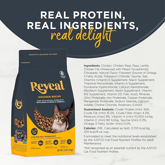 Reveal Natural Dry Cat Food, High Protein, Grain Free with Added Vitamins & Minerals, Complete & Balanced Nutrition for Cats, Chicken Recipe (7 Pound Bag)