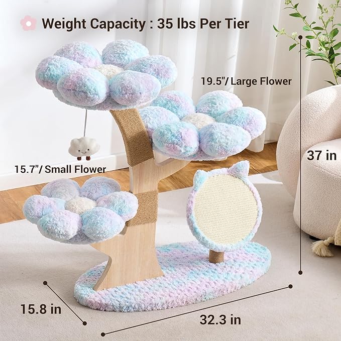 Aesthetic Flower Cat Tree Tower with Scratching Post for Indoor Cats, 37" Modern Cat Tree with Wood Sculpted Branch, Flower Cat Beds, Scratching Board & Interactive Squeaky Toy, Dreamy Blue