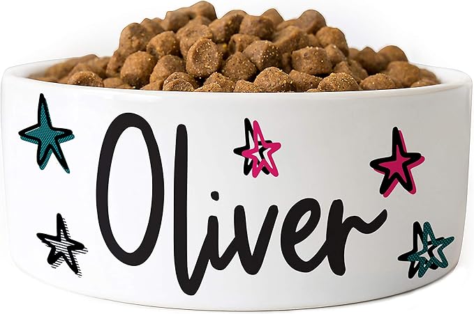 Personalized Ceramic Dog Bowl w/Name - 2 Sizes for Small and Large Dogs, Cats - Food and Water Dish, Custom Pet Owner Gifts | Stars, 6 Inches