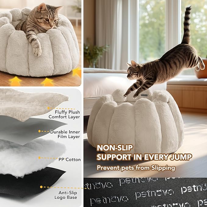 PETNOVO Pumpkin Cat Bed, Cream Plush Donut Cuddler with High Bolster, Non-Slip Cozy Nest for Indoor Cats up to 13 lb and Small Dogs, 20L x 20W x 12H Inch