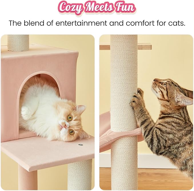 MWPO Pink Modern Cat Tree for Indoor Cats, 63.8-Inch Multi-Level Tall Cat Tower with Cat Condo, Hammock, Woden Top Perch, Scratching Posts for Kittens & Adult Cats