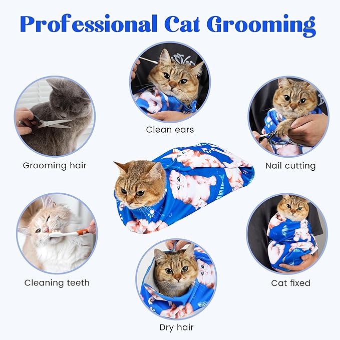 21.7“ Cat Wrap for Cutting Nails Self-Adherent Fabric Cat Wrap for Grooming Cat Restraint for Nail Clipping Anti-Escape Cat Calming Wrap Within 6lbs
