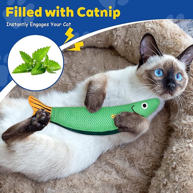 3D Realistic Catnip Cat Toys 3 Pack, Durable Catnip Fish Kicker Toy for Indoor Cats, Interactive Cat Chew Toy for Teething & Biting, Rattle Fish Toy