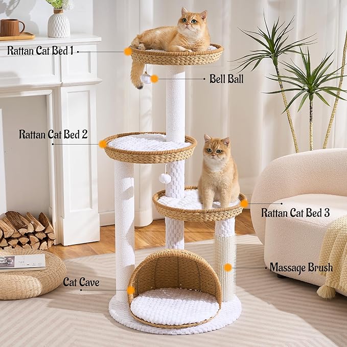 HITTITE Modern Cat Tree Tower with Scratching Post, 46 Inches Tall Cat Towers with Woven Cat Nests and Cave, Multi-Level Cat Tree With Removable Cushions and Massage Brush for Indoor Cats Large Adult.