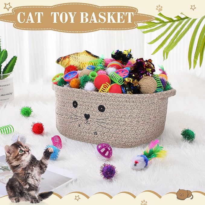 Zopeal 58 Pcs Summer Graduation Cat Storage Basket Gift Toys Set, Colorful Flashing Balls Pet Bell Crinkle Balls Spring Toys Attract Cat to Swat, Hunt, Interactive for Pet(Dark Brown,12 Inch)