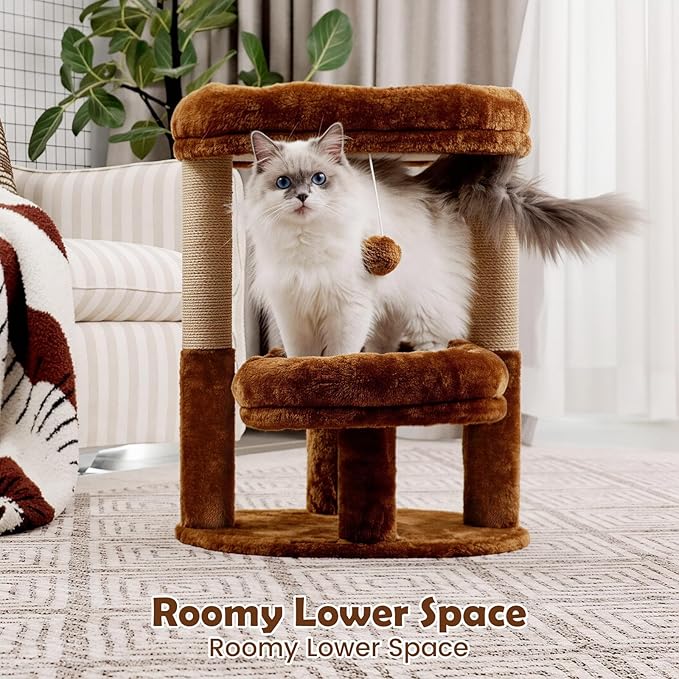 Cat Tree for Indoor Cats, Compact 2-Tier Cat Tower with Padded Donut Beds, Cozy Plush Cat Perch for Small to Medium Cats, Sisal Scratching Posts & Hanging Toy (Mocha Brown)