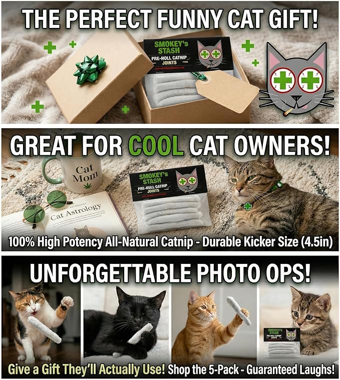 Smokey's Stash Funny Catnip Joint Toy for Cats (5-Pack) - High Potency All-Natural Catnip Kicker - Durable Hand-Rolled Cotton Novelty Cat Gift Interactive Kitten Toy Joints