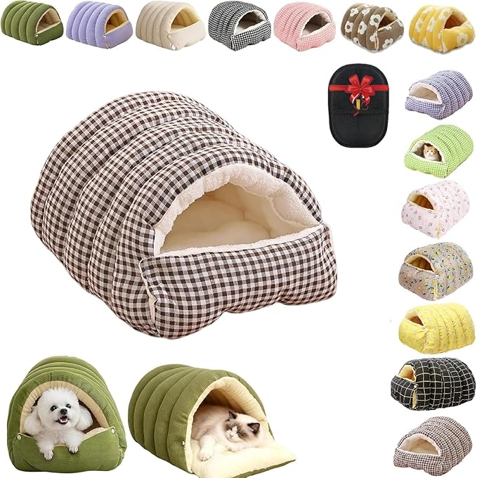Removable and Washable Winter Closed-Off Cat Bed, Cutypet Winter Cave, Warm Foldable Secure Pet Nest for Indoor Cats & Small Dogs, Comfor Plush Snuggle Hut for Kitty, Puppy, Pets (Linen-Black,L)