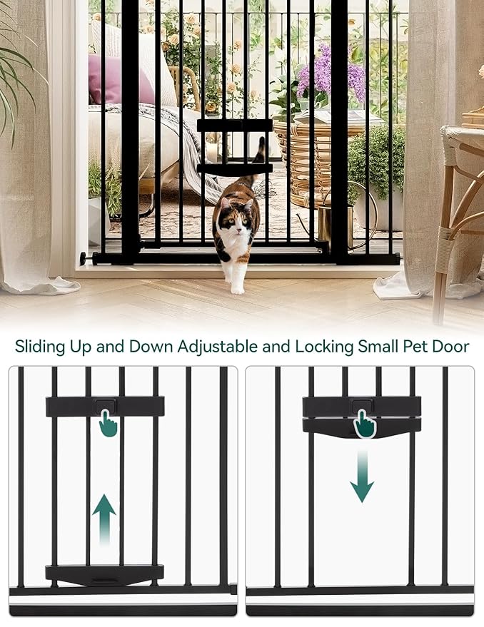 Babelio 36 Inch Extra Tall Baby Gate with Cat Door, 29.5-40" Metal Pet Door for Stairs, Doorways, House, Auto Close, Easy Walk Thru, Black