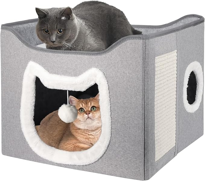 Selecta Grey Indoor Cat House - Foldable, Covered Cat Bed Cave with Fluffy Ball and Scratch Pad
