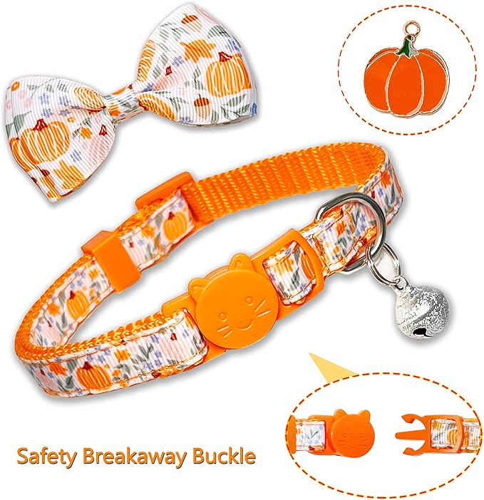 Thanksgiving Cat Collar Set with Bell, Autumn Pumpkin Thanksgiving Harvest Holiday Cat Collar for Boys and Girls Kitty Kittens