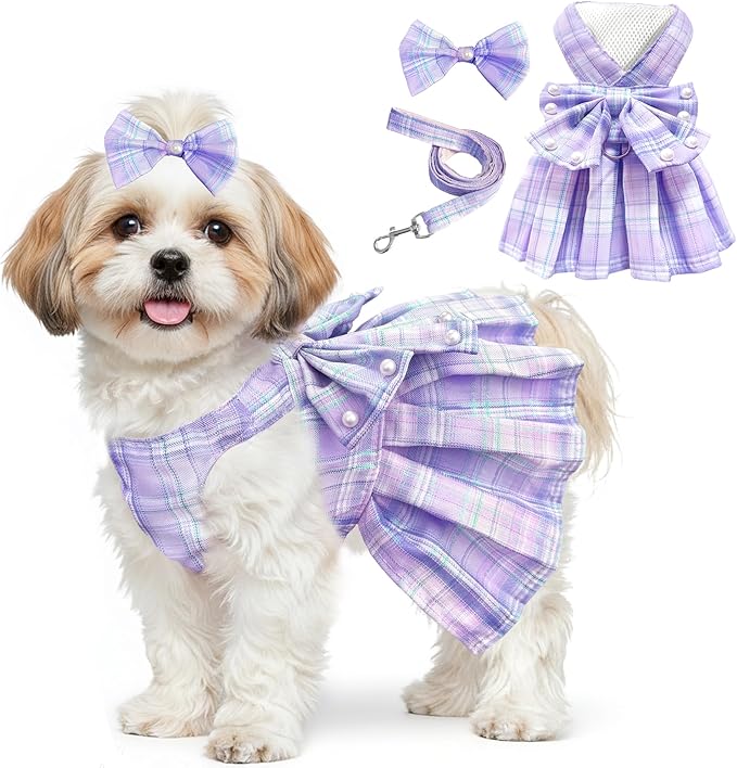 Dog Dress Bowknot Harness Leash Set for Small Dogs Girl Cute Plaid Dog Dress Pearls Bow Tie Spring Summer Princess Clothes Birthday Holiday Doggie Outfits for Puppy Cats Girl (Purple, Large)