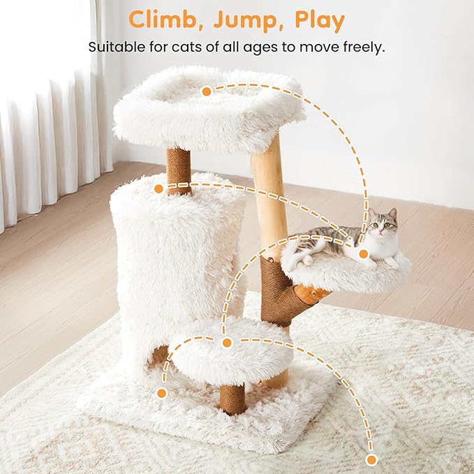 35-Inch Cat Tree for Indoor Cats, Multi-Level Tower with Sisal Posts, Dual Condos, Cushioned Perches & Removable Soft Cover, Natural Wood, Modern Cat Furniture for Large Cats, White