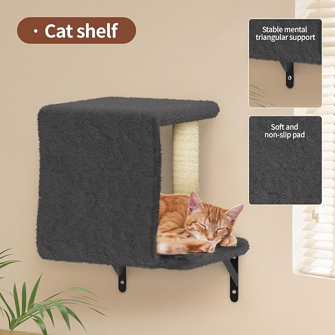Cat Wall Shelves for Large Cats, Stable & Safe Kitty Walls Furniture Set for 40LBS Cats with Wooden Cat Climber,House, Bridge, Tree, Steps, and Scratcher for 16 Inch Drywall (Black, 6-in-1)