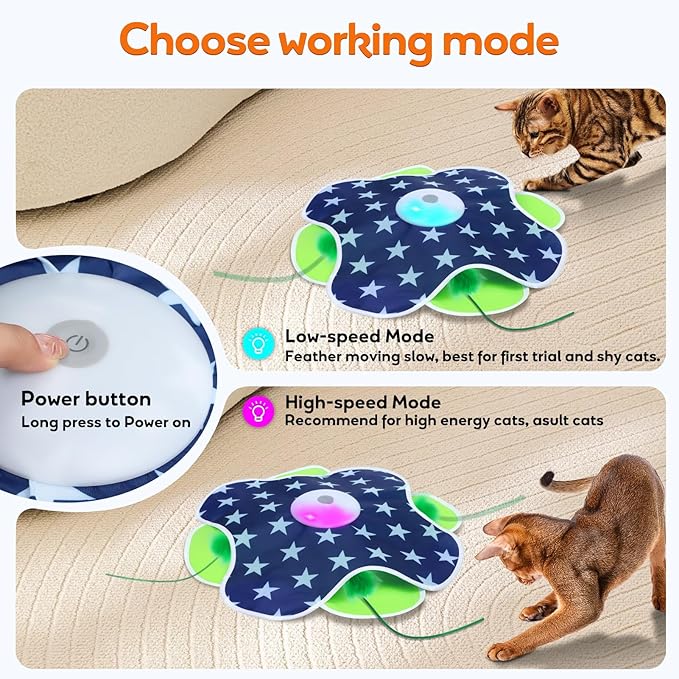 Oxawo Interactive Cat Toys with Moving Feather Concealed in Mat, Rechargeable Cat Exercise Toys for Bored Cats with Motion Activated, Mouse Squeaky