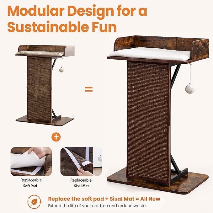 Modern Wood Cat Tree Tower for Indoor Large Cats, 33.8-Inch Tall Wooden Cat Trees with Big Perch Bed, Cat Scratching Pads, Washable Cushions and Scratching Mat, Cat Furniture, Rustic Brown