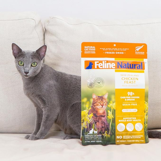 Feline Natural High Protein Dry Cat Food, Freeze-Dried Diet with 98% Meat, Organs & Seafood, No Peas, Grains, or Artificial Additives, Made in New Zealand, Chicken, 11oz