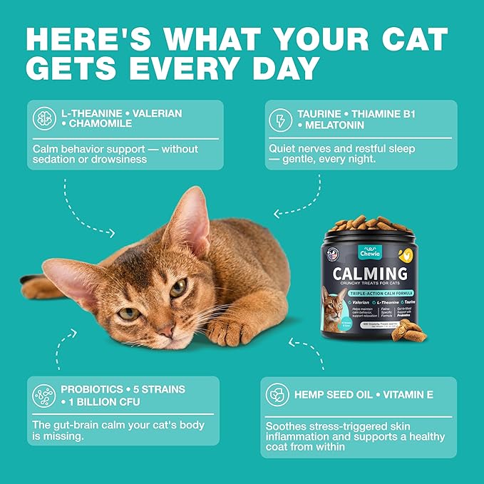 Cat Calming Treats - 500 Crunchy Calming Cat Treats with Melatonin for Cats Valerian Root L-Theanine Taurine & Probiotics - Cat Vitamins and Supplements for Stress Anxiety Relief All Breeds