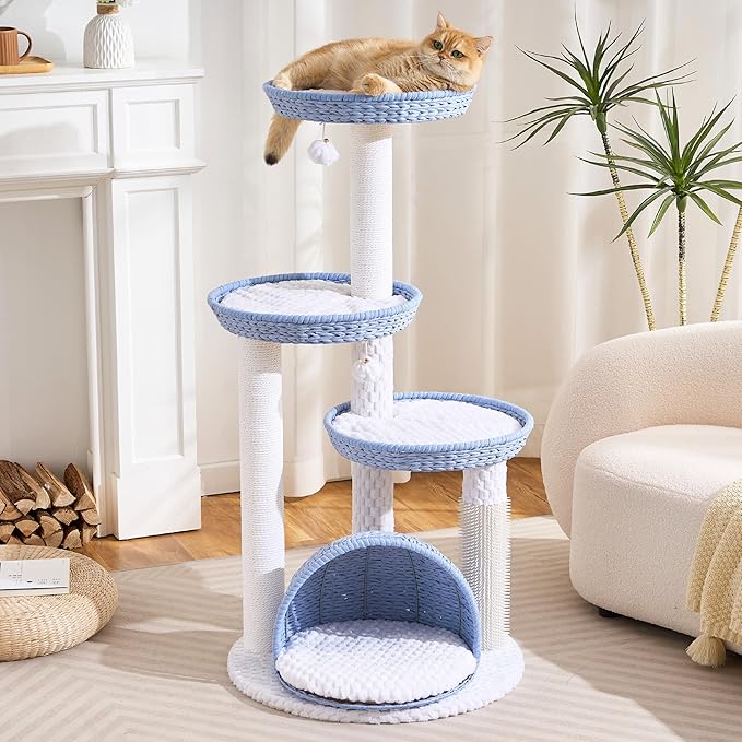 Wood Modern Cat Tree for Large Cat, 46" Tall Cat Tower with Scratching Posts, Cat Condo, Aesthetic Multi-Level Cat Climbing Tree with Hand-Woven Bed for Adult Indoor Cats-Blue