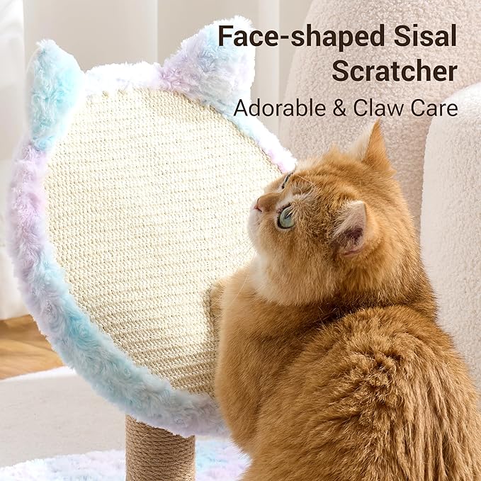 Aesthetic Flower Cat Tree Tower with Scratching Post for Indoor Cats, 37" Modern Cat Tree with Wood Sculpted Branch, Flower Cat Beds, Scratching Board & Interactive Squeaky Toy, Dreamy Blue