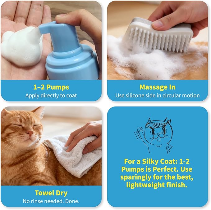 Mooncat Waterless Cat Shampoo + 2-in-1 Cat Bath Brush Set, No Rinse Dry Foam Bath for Short Hair Cats & Kittens, SGS-Tested Lick-Safe, Veterinarian Approved & pH-Balanced, Brush, 5 oz