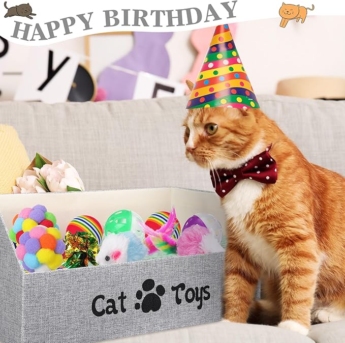 Zopeal 55 Pcs Cat Toy Box for Indoor Cats Large Kitten Toys Organizer Basket Bin Included Pillows Fish Colorful Bell Balls Crinkle Balls Spring Plush Mice Attract Kitten to Swat Hunt